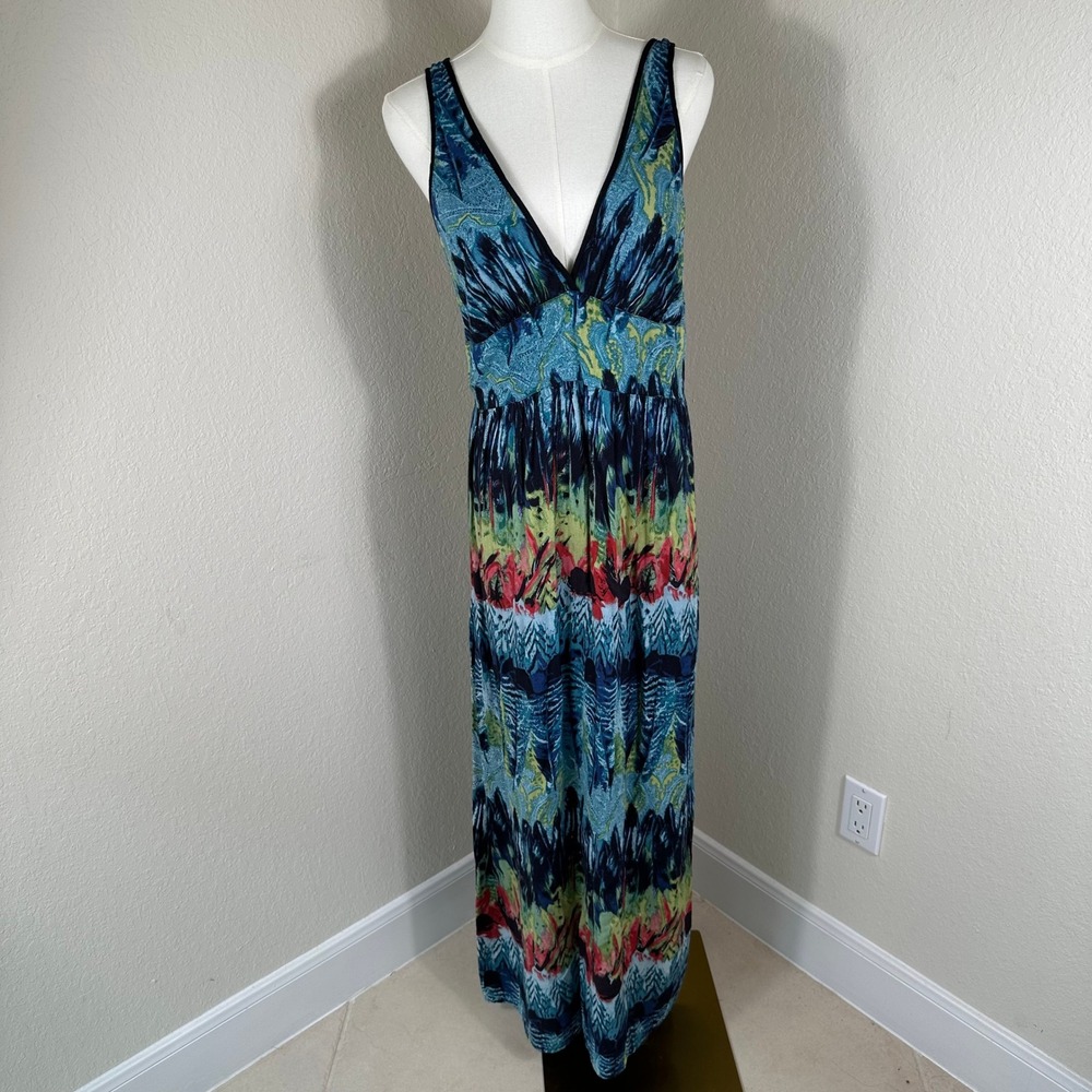 Angie Maxi Dress Womens XL Blue Abstract Paisley V-Neck Smocked Back Boho Summer